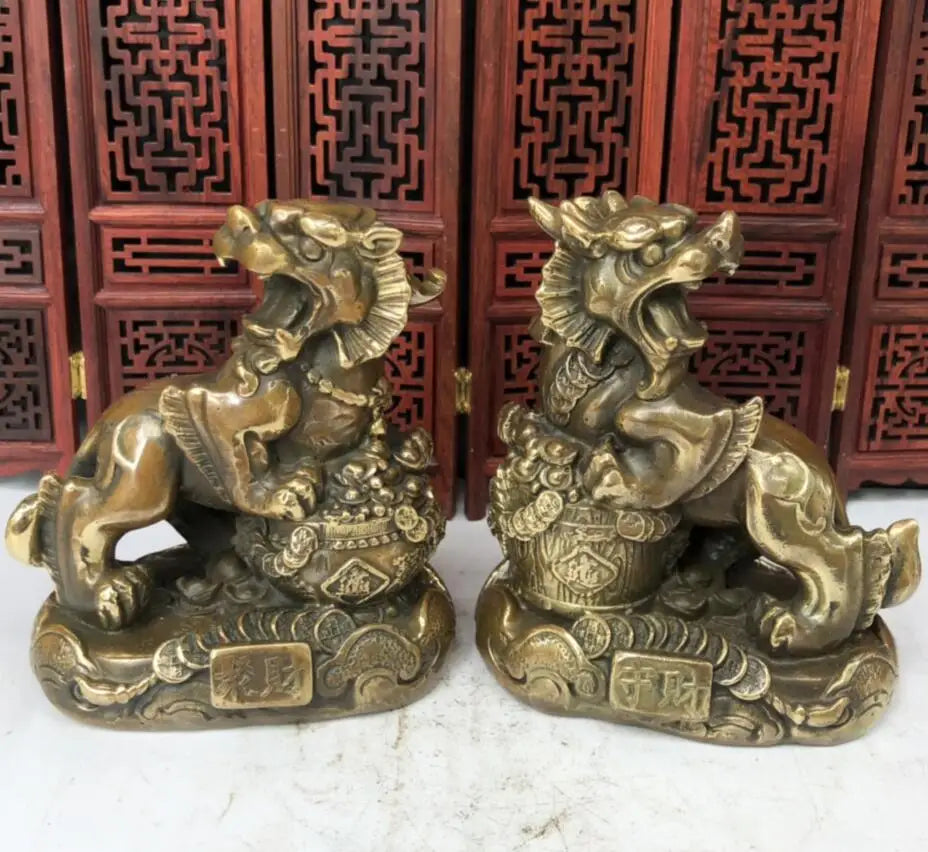 China seiko brass recruit wealth mythical wild animal crafts statue A pair