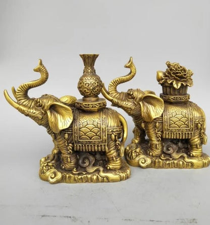 China seiko carving Pure brass elephant wealth A pair statue