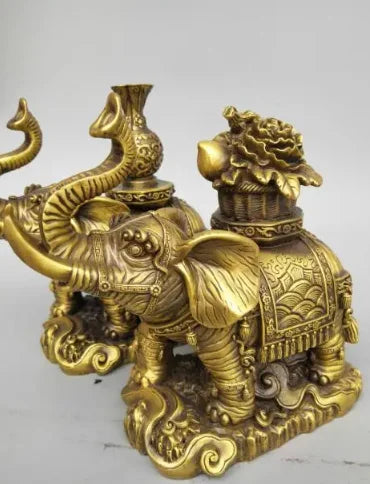 China seiko carving Pure brass elephant wealth A pair statue
