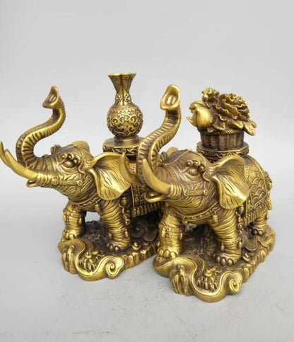 China seiko carving Pure brass elephant wealth A pair statue