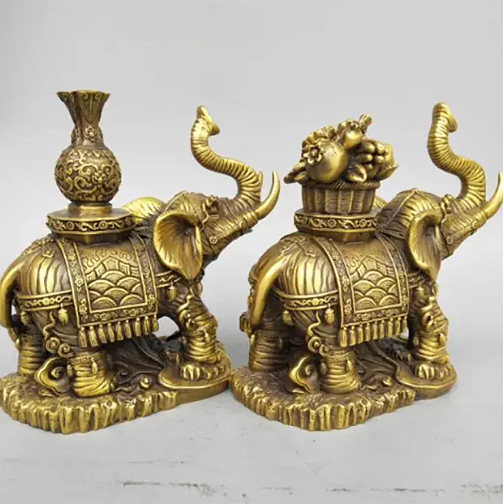 China seiko carving Pure brass elephant wealth A pair statue