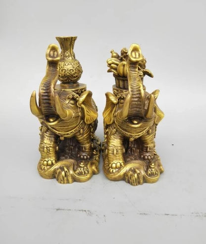 China seiko carving Pure brass elephant wealth A pair statue