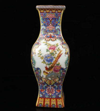 China seiko ceramic flowers bird four square vase crafts statue