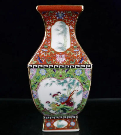 China seiko ceramic flowers bird four square vase crafts statue