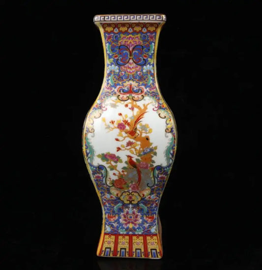 China seiko ceramic flowers bird four square vase crafts statue