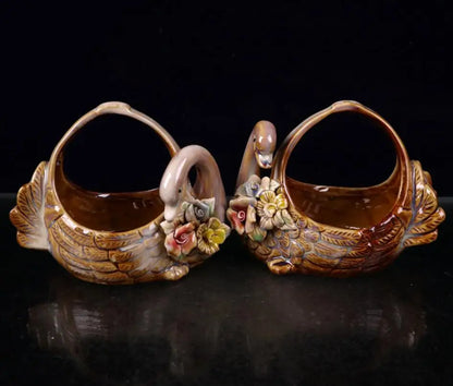 China seiko ceramic swan basket crafts statue A pair
