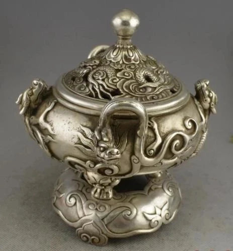 China silver finely dragons decorative pattern incense burner censer statue