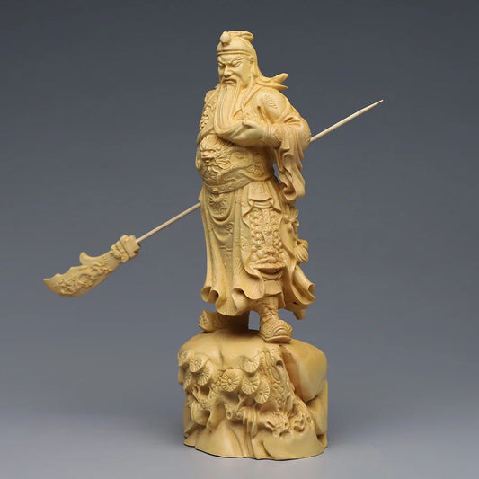 Chinese 18cm Boxwood Carving Wu God Guan Yu Statue God of Wealth Home Living Room Bedroom Decor Ornaments