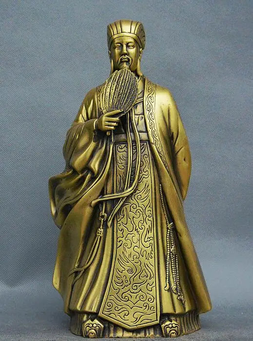 Chinese Ancient Brass Hold Fan Army Adviser Wisdom Strategist Zhu GeLiang Statue