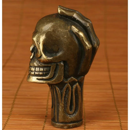 Chinese Ancient Bronze Hand Carved Skull Statue Crutch Cane Head
