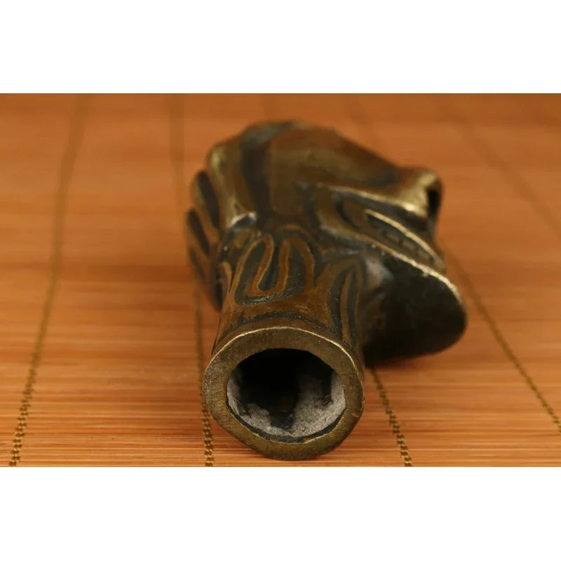 Chinese Ancient Bronze Hand Carved Skull Statue Crutch Cane Head