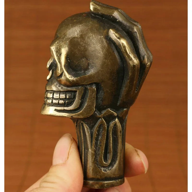 Chinese Ancient Bronze Hand Carved Skull Statue Crutch Cane Head