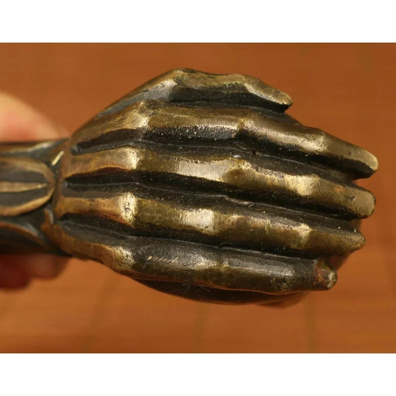 Chinese Ancient Bronze Hand Carved Skull Statue Crutch Cane Head
