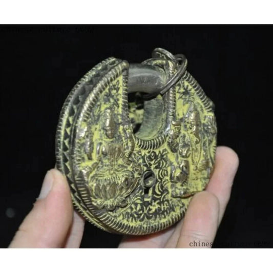 Chinese Ancient Palace Bronze Tibetan Buddhism Statue round Door Lock Unlock Key