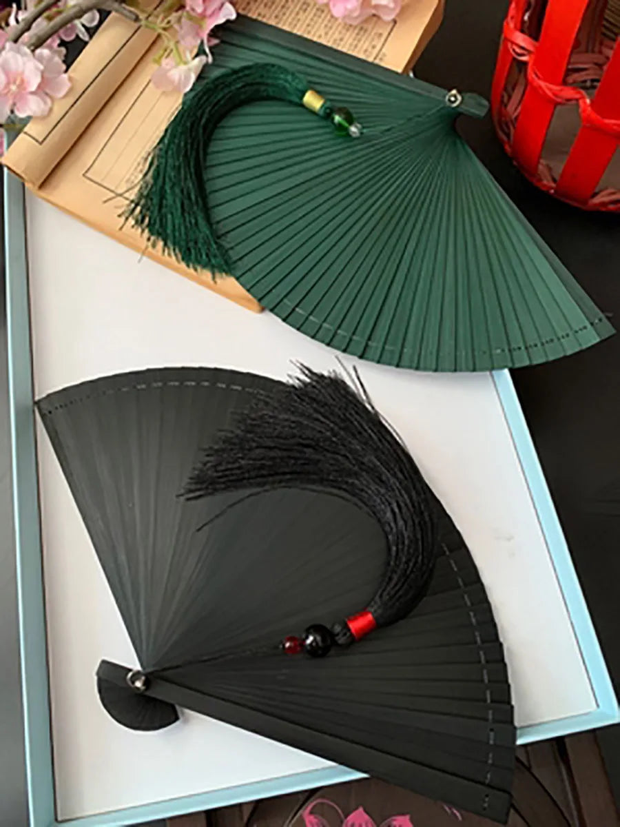 Chinese Ancient Style Portable Bamboo Hand Fan Foldable For Women Ladies Summer Costume Han Fu Dance Cheongsam with Tassel