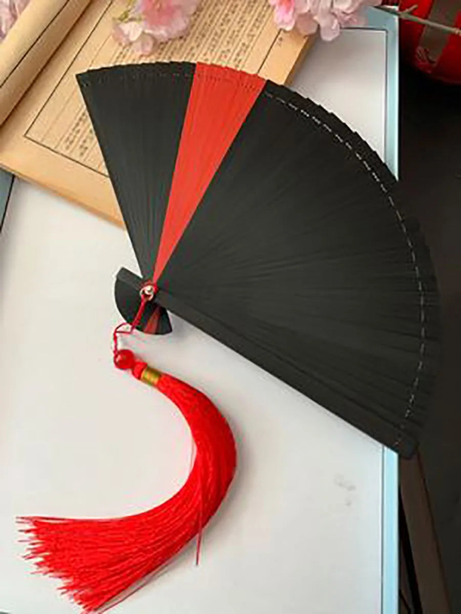 Chinese Ancient Style Portable Bamboo Hand Fan Foldable For Women Ladies Summer Costume Han Fu Dance Cheongsam with Tassel