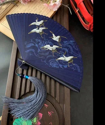 Chinese Ancient Style Portable Bamboo Hand Fan Foldable For Women Ladies Summer Costume Han Fu Dance Cheongsam with Tassel