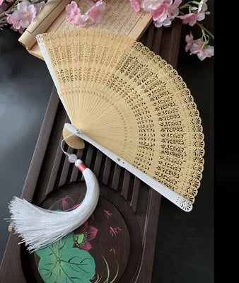 Chinese Ancient Style Portable Bamboo Hand Fan Foldable For Women Ladies Summer Costume Han Fu Dance Cheongsam with Tassel