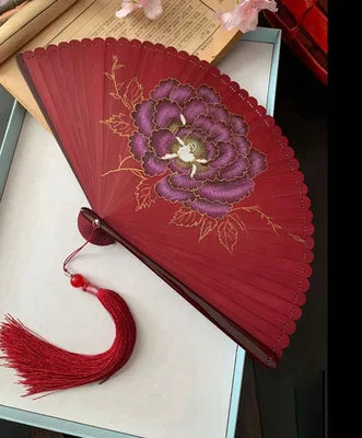 Chinese Ancient Style Portable Bamboo Hand Fan Foldable For Women Ladies Summer Costume Han Fu Dance Cheongsam with Tassel