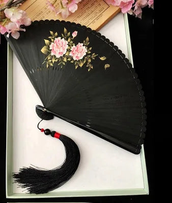 Chinese Ancient Style Portable Bamboo Hand Fan Foldable For Women Ladies Summer Costume Han Fu Dance Cheongsam with Tassel