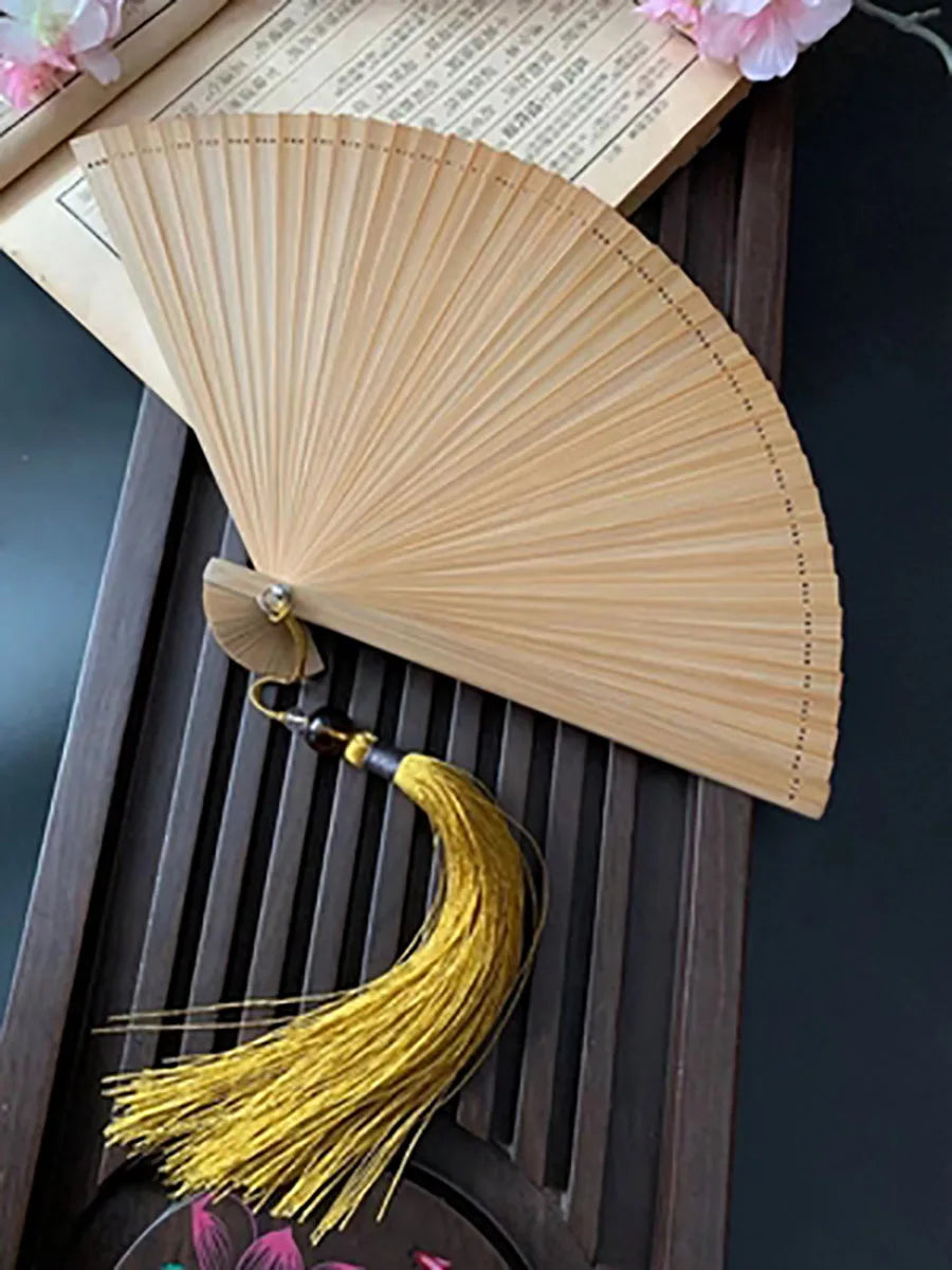 Chinese Ancient Style Portable Bamboo Hand Fan Foldable For Women Ladies Summer Costume Han Fu Dance Cheongsam with Tassel