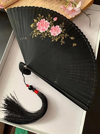 Chinese Ancient Style Portable Bamboo Hand Fan Foldable For Women Ladies Summer Costume Han Fu Dance Cheongsam with Tassel