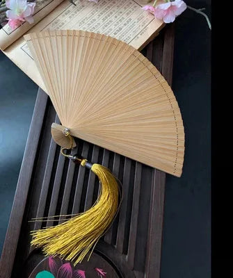 Chinese Ancient Style Portable Bamboo Hand Fan Foldable For Women Ladies Summer Costume Han Fu Dance Cheongsam with Tassel