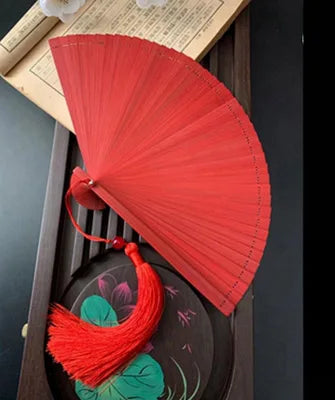 Chinese Ancient Style Portable Bamboo Hand Fan Foldable For Women Ladies Summer Costume Han Fu Dance Cheongsam with Tassel