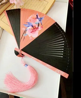 Chinese Ancient Style Portable Bamboo Hand Fan Foldable For Women Ladies Summer Costume Han Fu Dance Cheongsam with Tassel