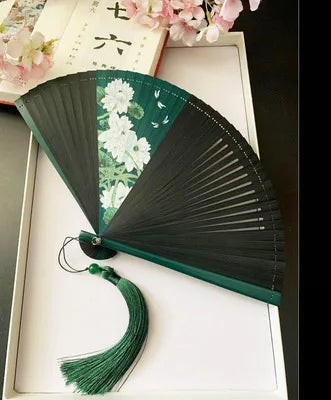 Chinese Ancient Style Portable Bamboo Hand Fan Foldable For Women Ladies Summer Costume Han Fu Dance Cheongsam with Tassel