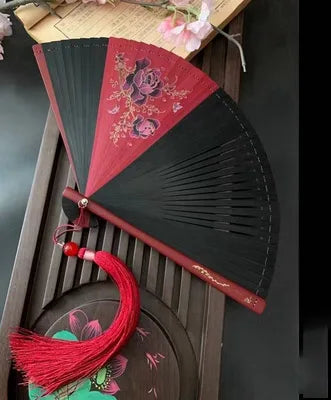 Chinese Ancient Style Portable Bamboo Hand Fan Foldable For Women Ladies Summer Costume Han Fu Dance Cheongsam with Tassel