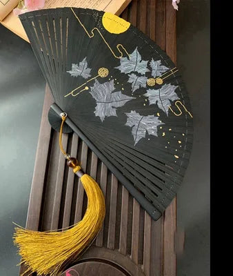 Chinese Ancient Style Portable Bamboo Hand Fan Foldable For Women Ladies Summer Costume Han Fu Dance Cheongsam with Tassel