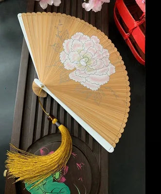 Chinese Ancient Style Portable Bamboo Hand Fan Foldable For Women Ladies Summer Costume Han Fu Dance Cheongsam with Tassel