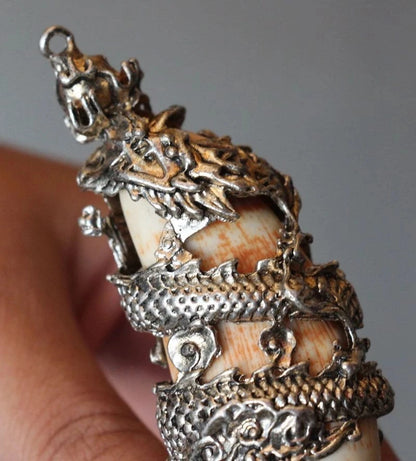Chinese Antique Boars Tooth Wild Hog Silver Dragon protective talisman Pendant