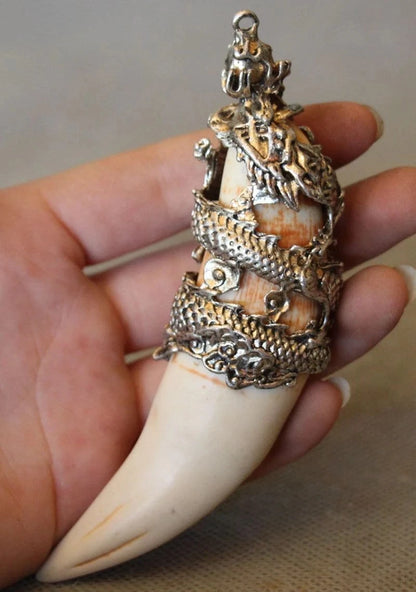 Chinese Antique Boars Tooth Wild Hog Silver Dragon protective talisman Pendant