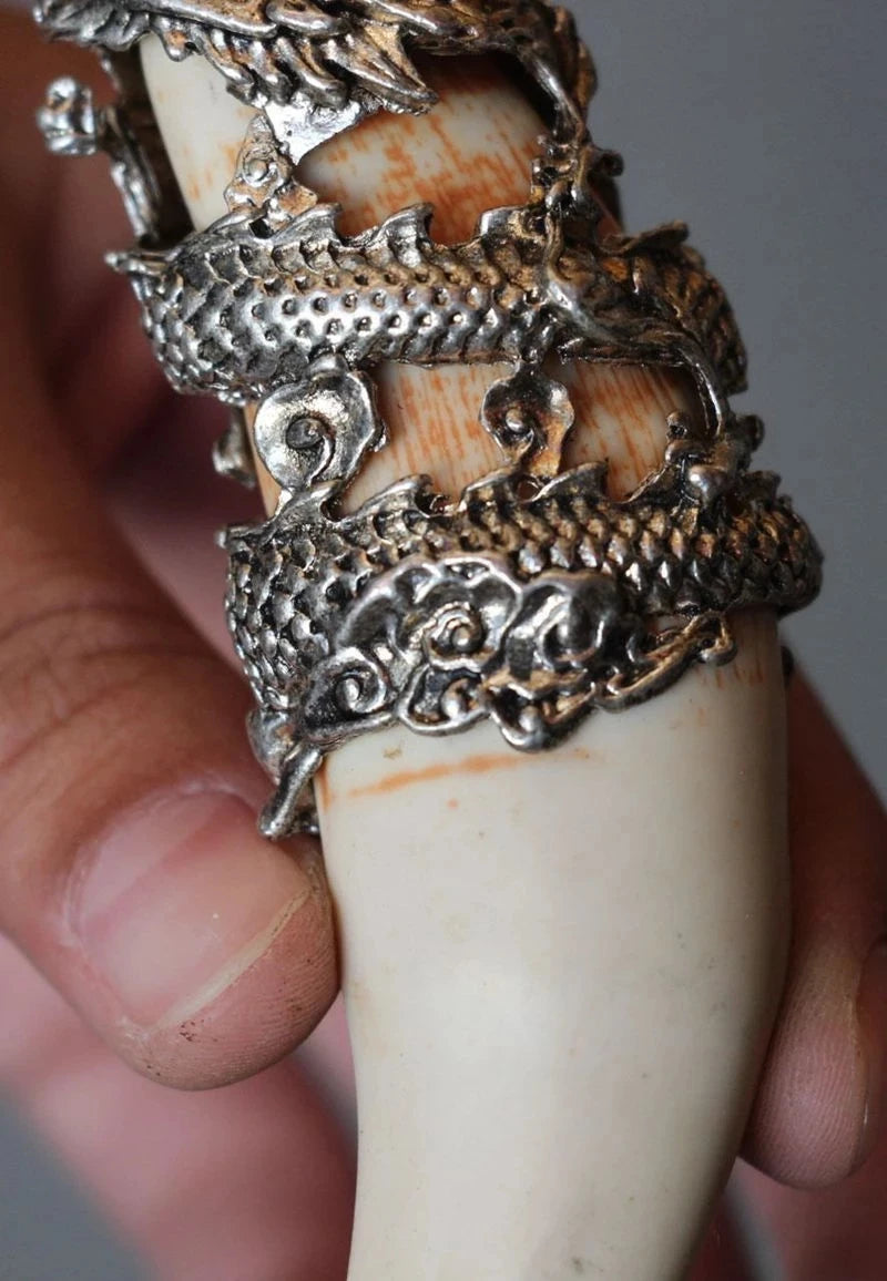 Chinese Antique Boars Tooth Wild Hog Silver Dragon protective talisman Pendant