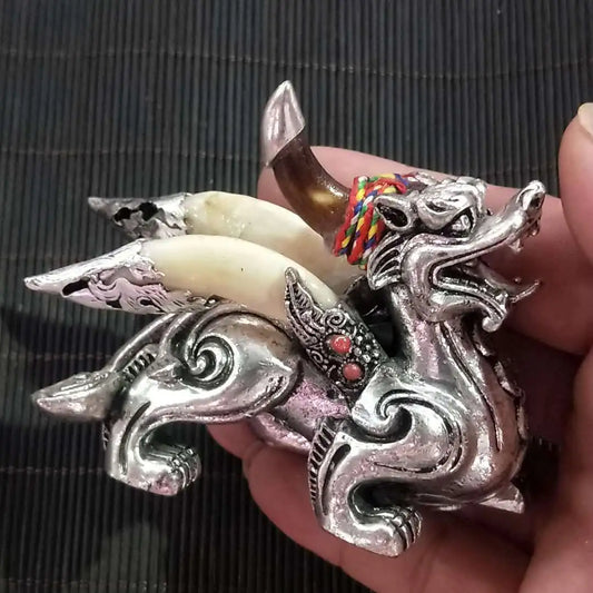 Chinese Antique Tibetan Silver Carving Kylin Statue Dragon Dog Tooth