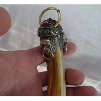Chinese Antique ward off bad luck Tibetan silver Beast head inlay tooth talisman big Pendant