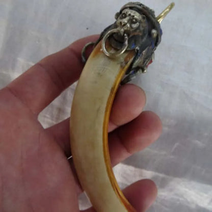 Chinese Antique ward off bad luck Tibetan silver Beast head inlay tooth talisman big Pendant