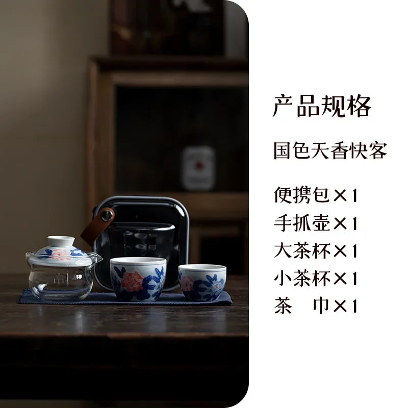 Chinese Blue and White Flower Tea Set Kit Handmade 1 Pot 2 Cup Household Tea Making Cover Bowl Picnic Outdoor Handbag Cafes Gift