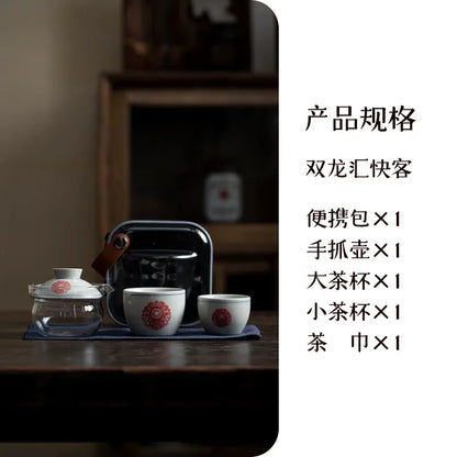 Chinese Blue and White Flower Tea Set Kit Handmade 1 Pot 2 Cup Household Tea Making Cover Bowl Picnic Outdoor Handbag Cafes Gift