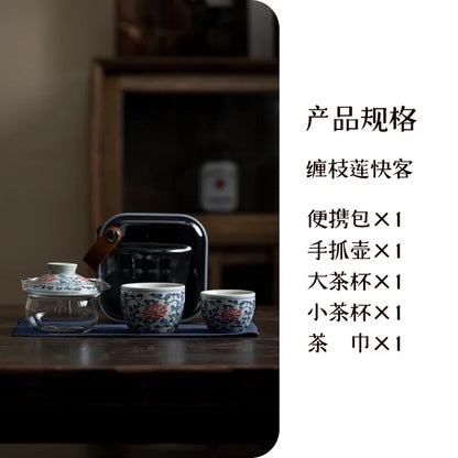 Chinese Blue and White Flower Tea Set Kit Handmade 1 Pot 2 Cup Household Tea Making Cover Bowl Picnic Outdoor Handbag Cafes Gift
