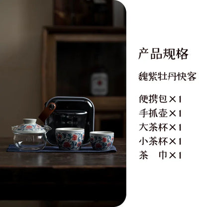 Chinese Blue and White Flower Tea Set Kit Handmade 1 Pot 2 Cup Household Tea Making Cover Bowl Picnic Outdoor Handbag Cafes Gift