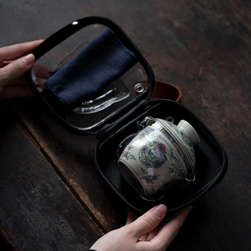Chinese Blue and White Flower Tea Set Kit Handmade 1 Pot 2 Cup Household Tea Making Cover Bowl Picnic Outdoor Handbag Cafes Gift