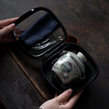 Chinese Blue and White Flower Tea Set Kit Handmade 1 Pot 2 Cup Household Tea Making Cover Bowl Picnic Outdoor Handbag Cafes Gift