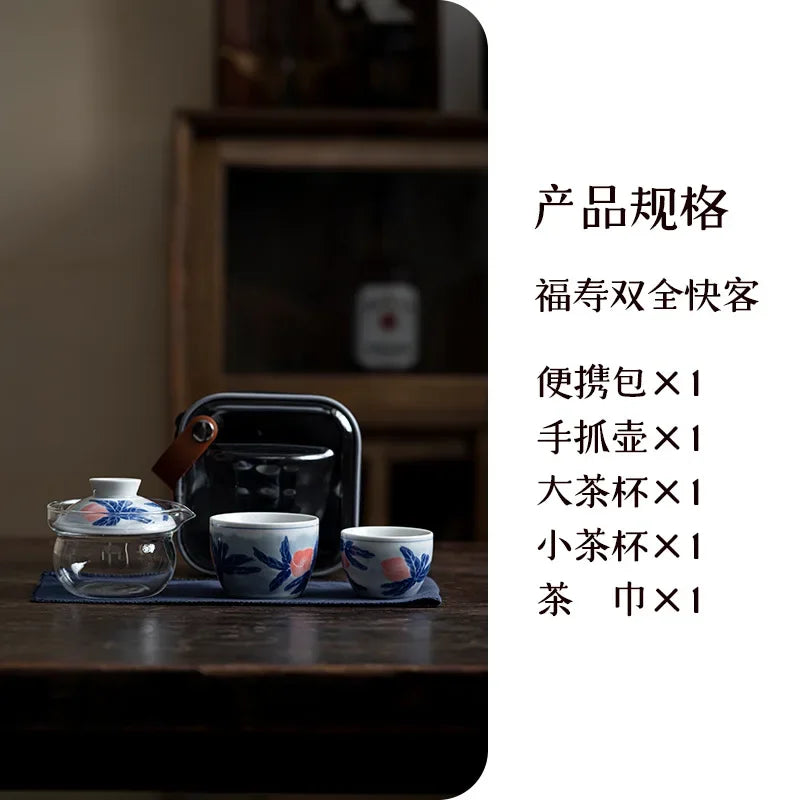 Chinese Blue and White Flower Tea Set Kit Handmade 1 Pot 2 Cup Household Tea Making Cover Bowl Picnic Outdoor Handbag Cafes Gift