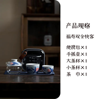 Chinese Blue and White Flower Tea Set Kit Handmade 1 Pot 2 Cup Household Tea Making Cover Bowl Picnic Outdoor Handbag Cafes Gift