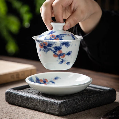Chinese Blue and White Gaiwan Traditional Gongfu Tea Tureen Ceramic Handmade Teaware Tea Bowl Cups Porcelain Teacups