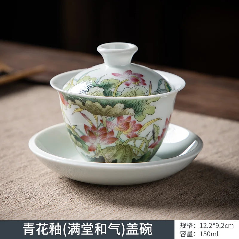 Chinese Blue and White Gaiwan Traditional Gongfu Tea Tureen Ceramic Handmade Teaware Tea Bowl Cups Porcelain Teacups
