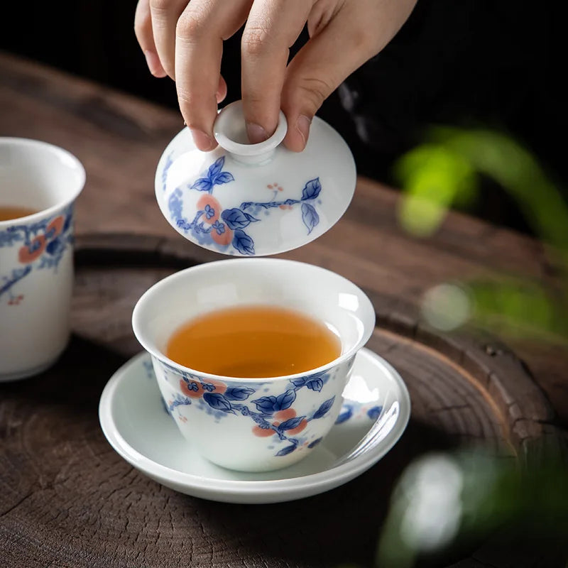 Chinese Blue and White Gaiwan Traditional Gongfu Tea Tureen Ceramic Handmade Teaware Tea Bowl Cups Porcelain Teacups